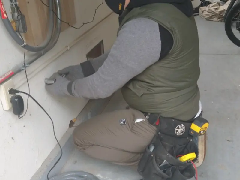 Electrician performing outlet wiring in a Haltom City garage